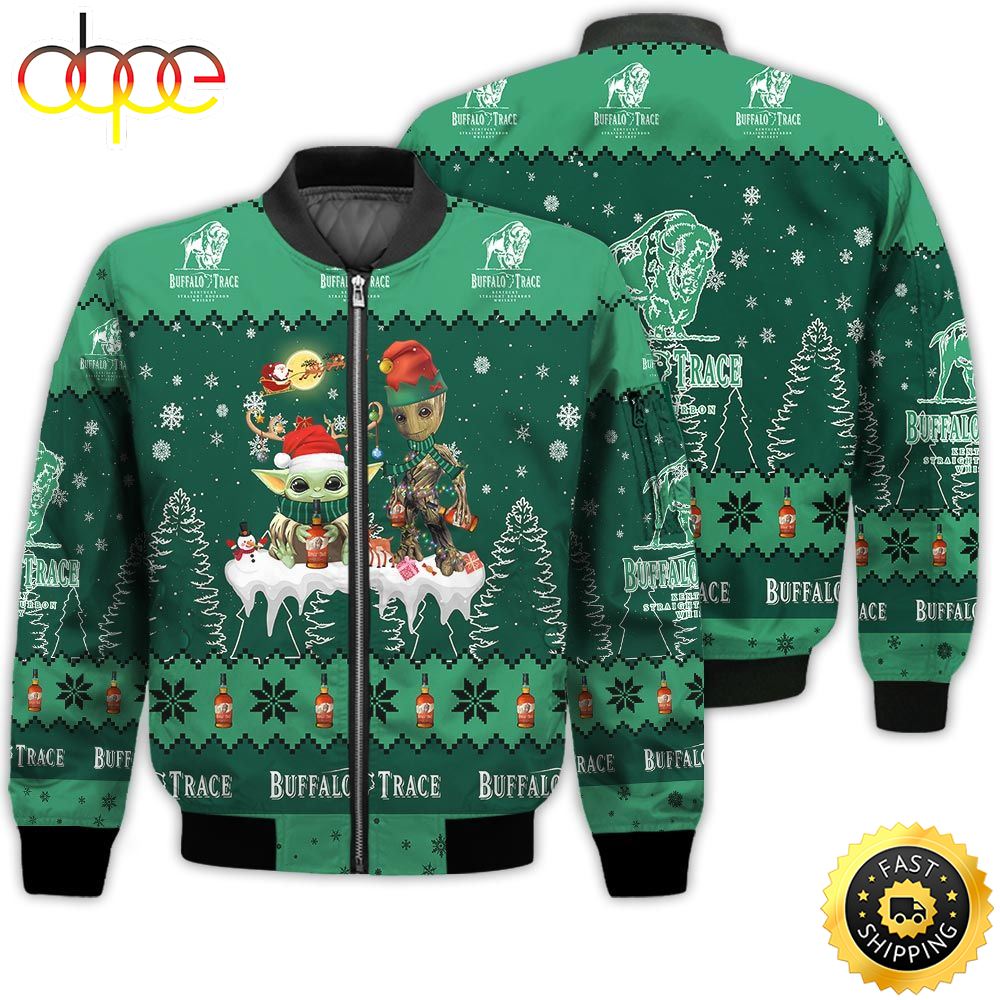 Baby Yoda Groot Santa Claus Deer Unisex Gift Buffalo Trace Whiskey 3D Bomber Jacket