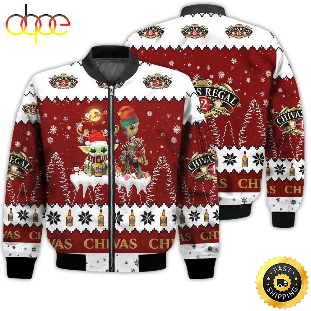 Baby Yoda Groot Santa Claus Deer Unisex Gift Chivas Regal Whiskey 3D Bomber Jacket