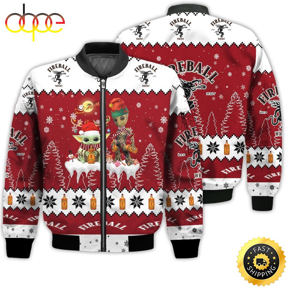 Baby Yoda Groot Santa Claus Deer Unisex Gift Fireball Whiskey 3D Bomber Jacket