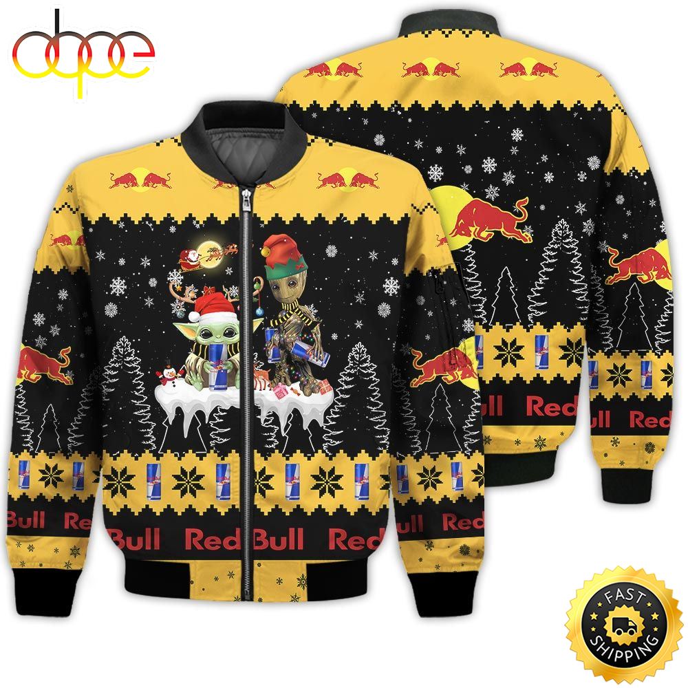 Baby Yoda Groot Santa Claus Deer Unisex Gift Redbull Soft Drink 3D Bomber Jacket
