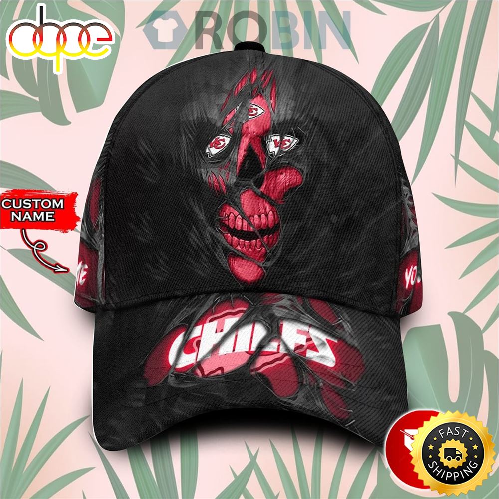 Custom Name Kansas City Chiefs Skull Torn Fabric Classic Baseball 3d Cap
