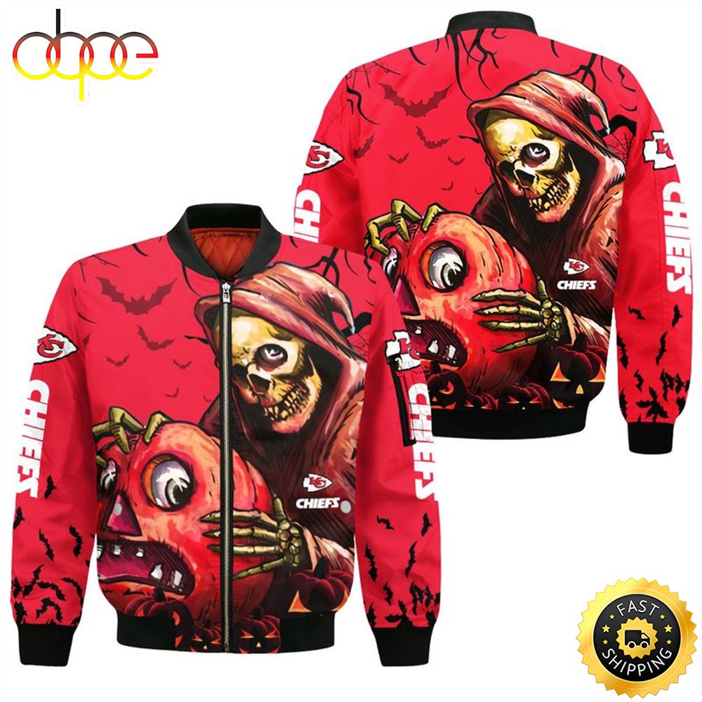Kansas City Chiefs Death Skull Pumpkin Halloween Bomber Jacket