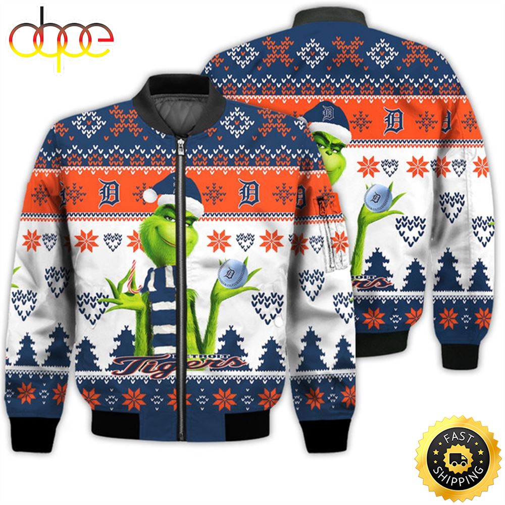 Merry Christmas 2023 Ugly Unisex Major League Baseball American Grinch Cute Detroit Tigers 3D Bomber Jacket