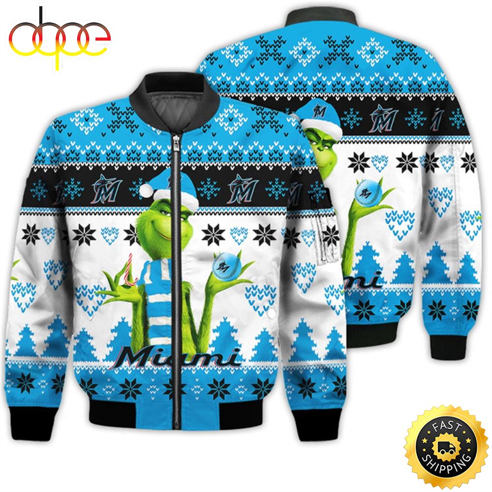 Merry Christmas 2023 Ugly Unisex Major League Baseball American Grinch Cute Marlins 3D Bomber Jacket