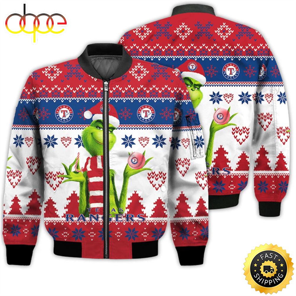 Merry Christmas 2023 Ugly Unisex Major League Baseball American Grinch Cute Rangers 3D Bomber Jacket