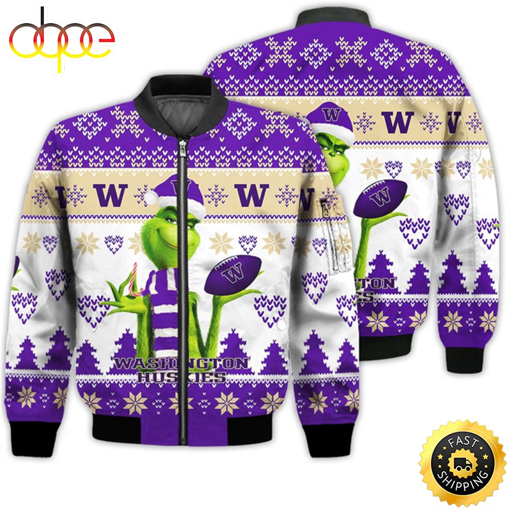 Merry Christmas 2023 Ugly Unisex National Collegiate Athletic Association American Grinch Cute Huskies 3D Bomber Jacket