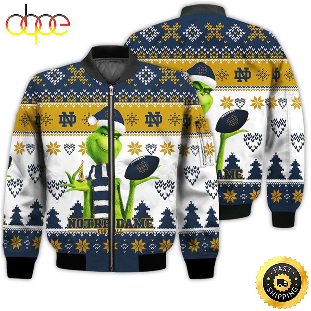Merry Christmas 2023 Ugly Unisex National Collegiate Athletic Association American Grinch Cute Notre Dame Fighting Irish 3D Bomber Jacket