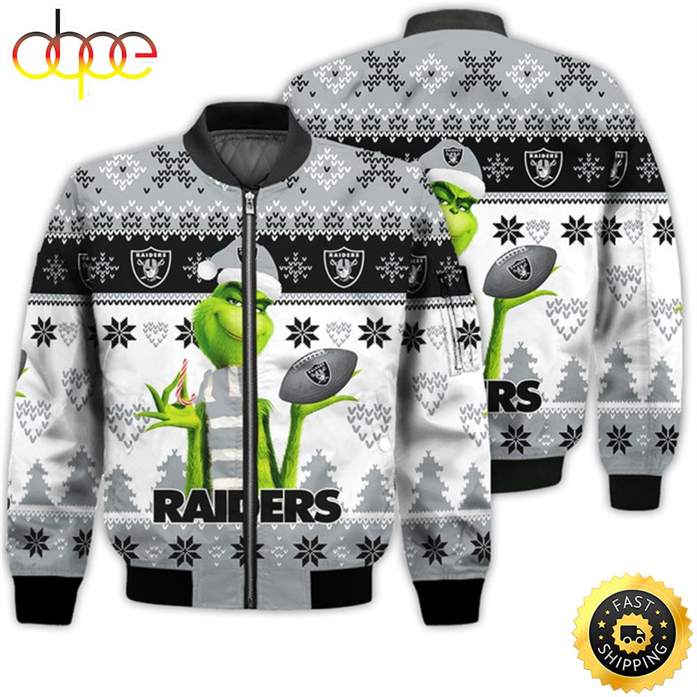 Merry Christmas 2023 Ugly Unisex Super Bowl American Grinch Cute Raiders 3D Bomber Jacket