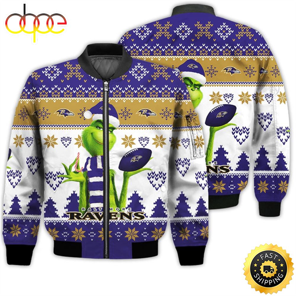 Merry Christmas 2023 Ugly Unisex Super Bowl American Grinch Cute Ravens 3D Bomber Jacket