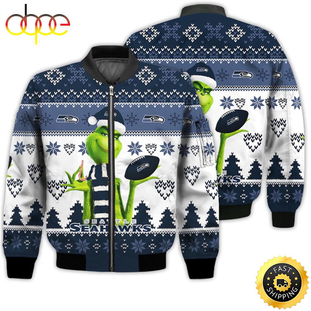 Merry Christmas 2023 Ugly Unisex Super Bowl American Grinch Cute Seahawks 3D Bomber Jacket
