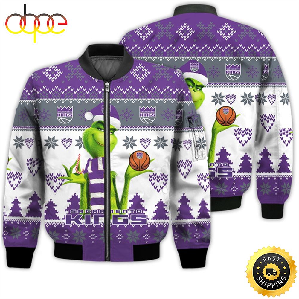 Merry Christmas 2023 Ugly Unisex The National Basketball Association American Grinch Cute Sacramento Kings 3D Bomber Jacket