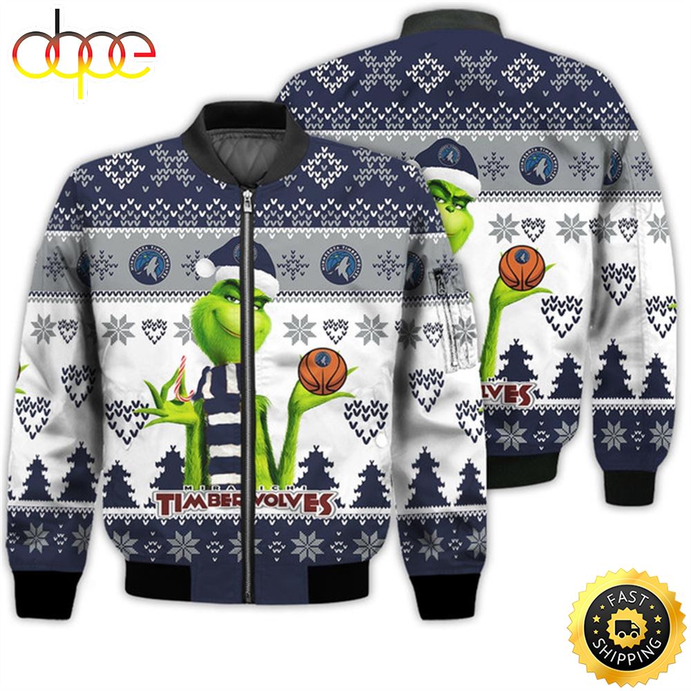 Merry Christmas 2023 Ugly Unisex The National Basketball Association American Grinch Cute Timberwolves 3D Bomber Jacket