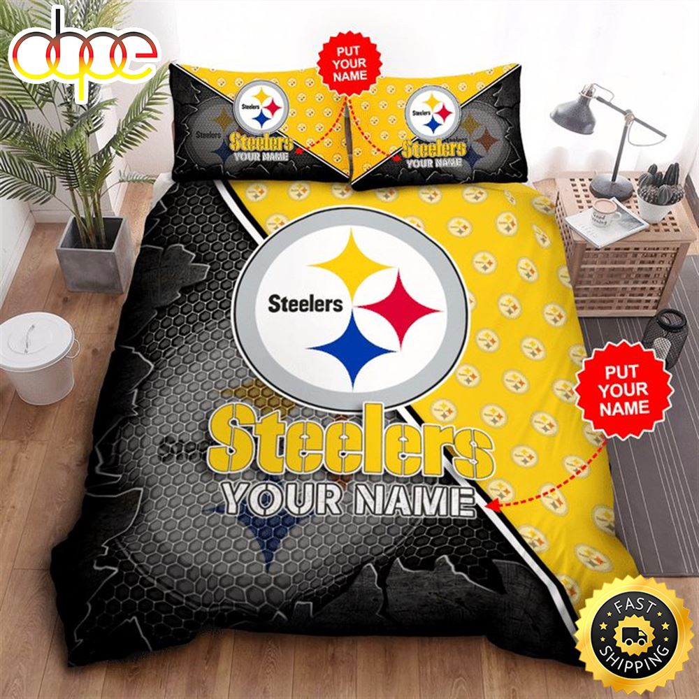 NFL Pittsburgh Steelers Custom Name Black Golden Logo Bedding Set