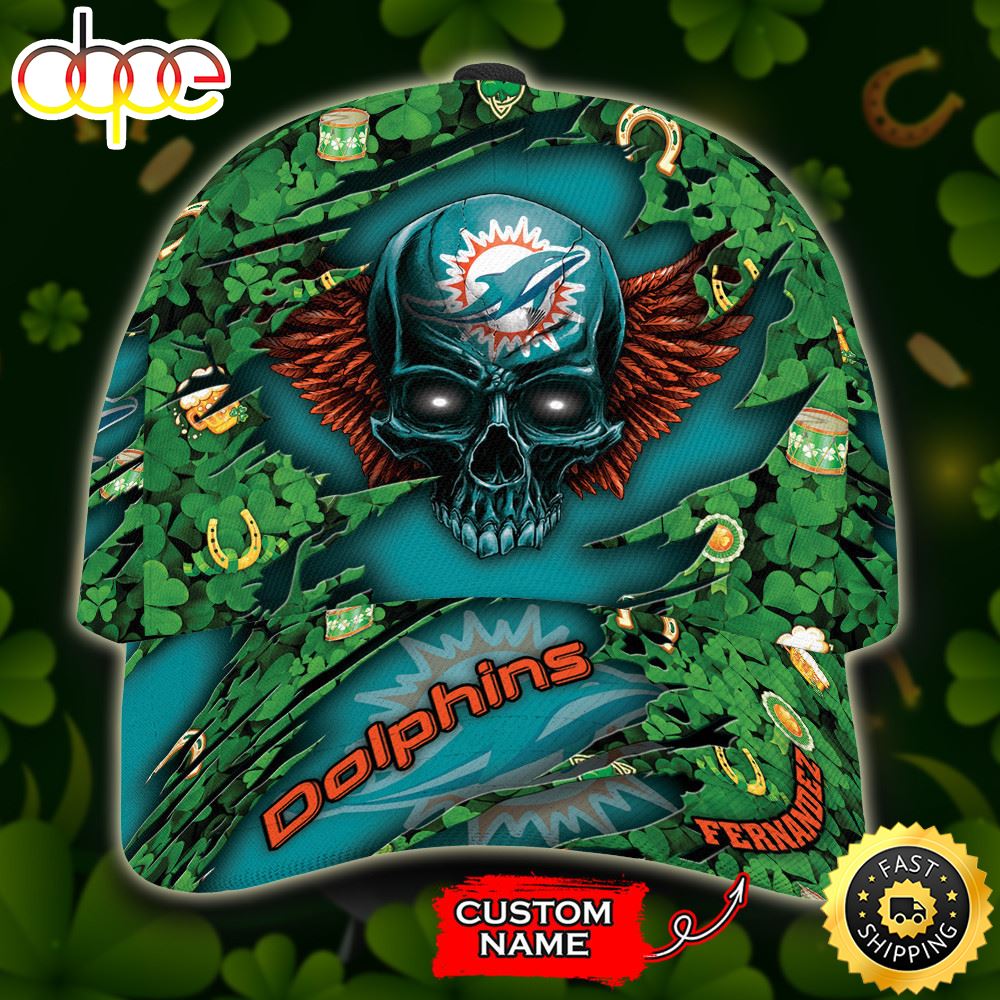 Personalized Miami Dolphins St Patrick Day Skull All Over Print 3D Baseball Cap - Blue Green-TPh