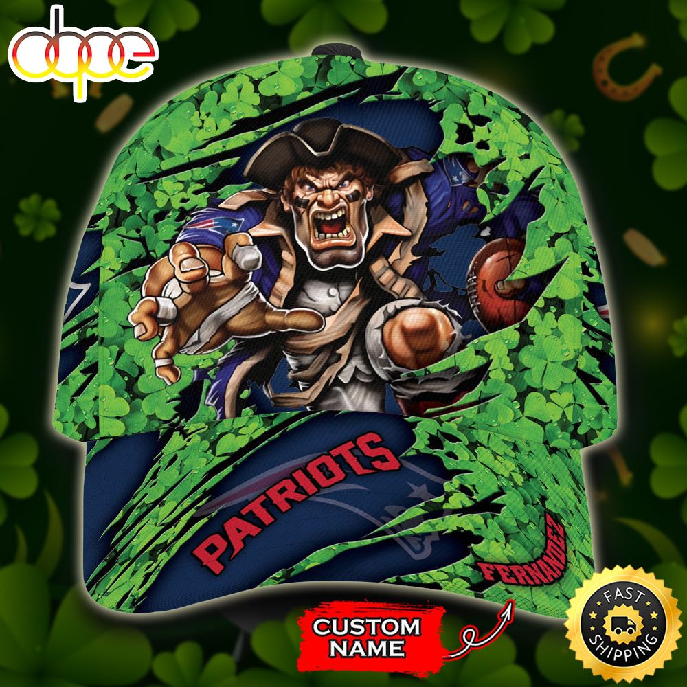 Personalized New England Patriots St Patrick Day Mascot All Over Print 3D Baseball Cap - Blue Green-TPH