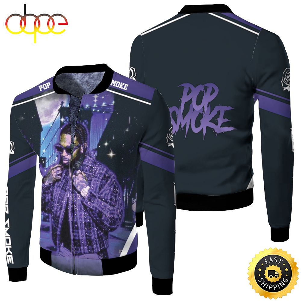 Pop Smoke Glitter Street Rap Hip Hop Night Moon Fleece Bomber Jacket