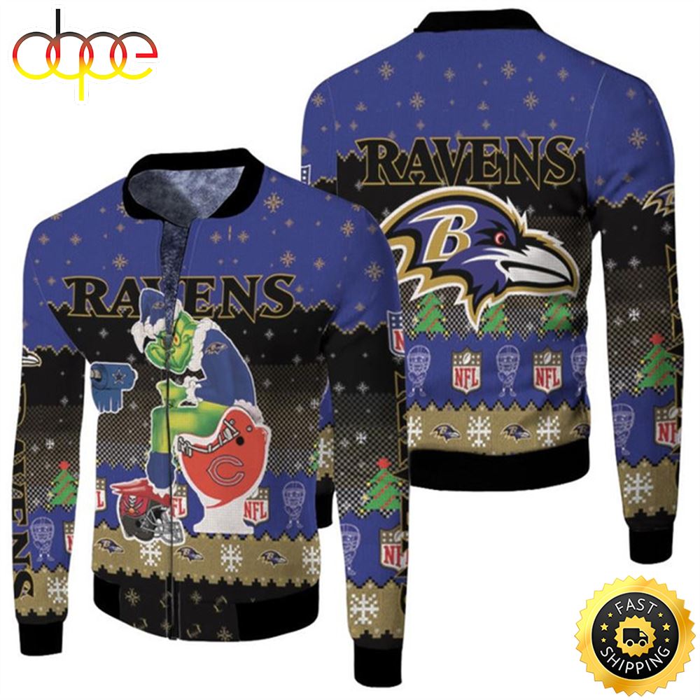 Santa Grinch Baltimore Ravens Sitting on Bears Cowboys Buccaneers Toilet Christmas Gift For Ravens Fans Fleece Bomber Jacket