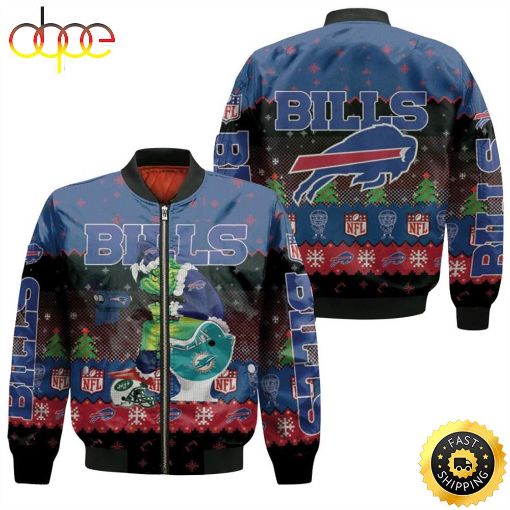 Santa Grinch Buffalo Bills Sitting on Dolphins Patriots Jets Toilet Christmas Gift For Bills Fans Bomber Jacket