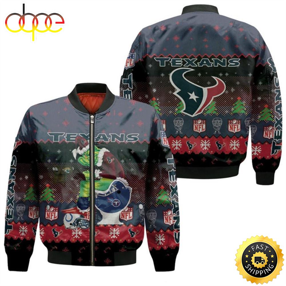 Santa Grinch Houston Texans Sitting on Titans Jaguars Colts Toilet Christmas Gift For Texans Fans Bomber Jacket