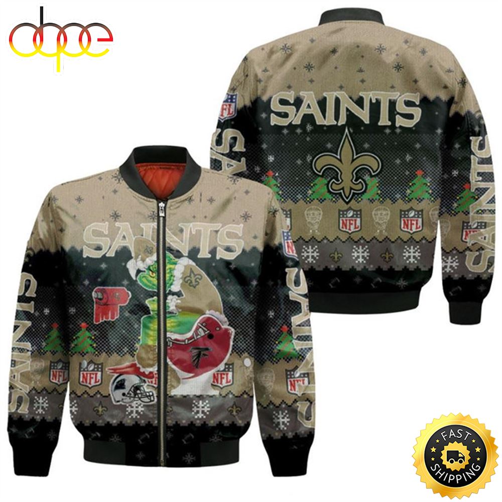 Santa Grinch New Orleans Saints Sitting on Falcons Buccaneers Panthers Toilet Christmas Gift For Saints Fans Bomber Jacket