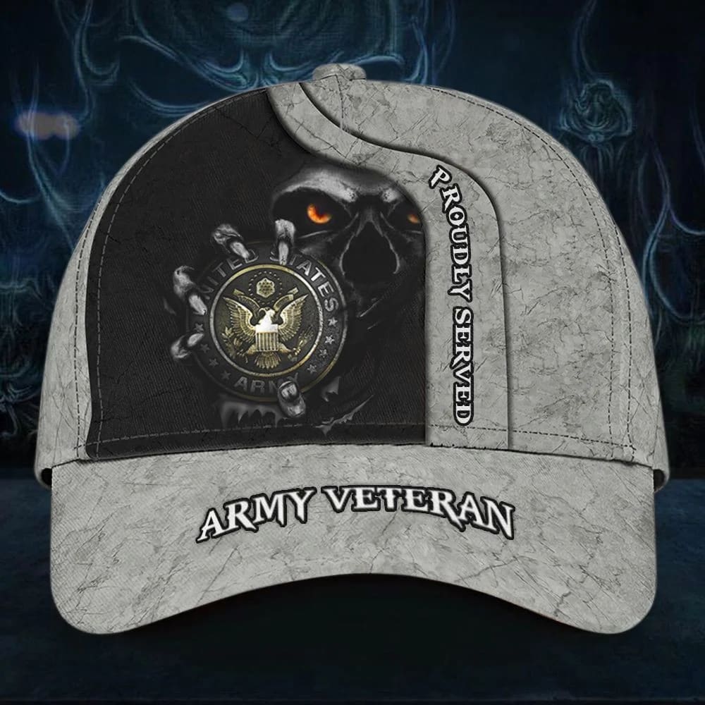 Skull Army Veteran Proudly Served Cap Patriotic Honor Retired Army Veteran Hat Unique Gift Hat Classic Cap