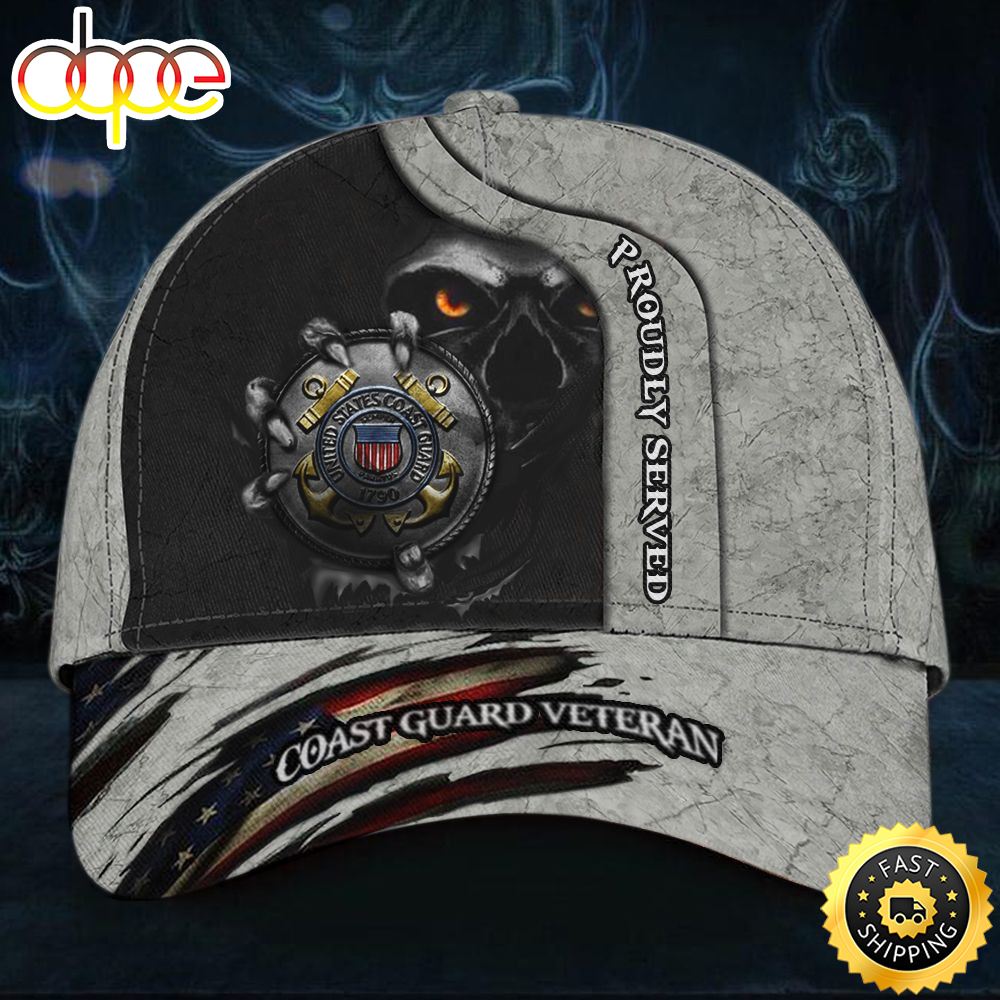Veteran American Flag Hat Proud US Military Skull Coast Guard Veteran Proudly Served Cap USA Flag Hat USCG Vet Coast Guard Retirement Gift Hat Classic Cap