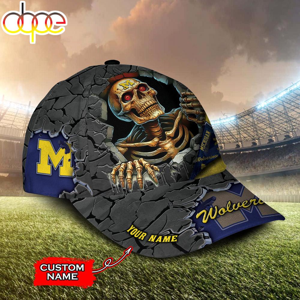 Custom Name NCAA Michigan Wolverines Skeleton Halloween Classic Cap