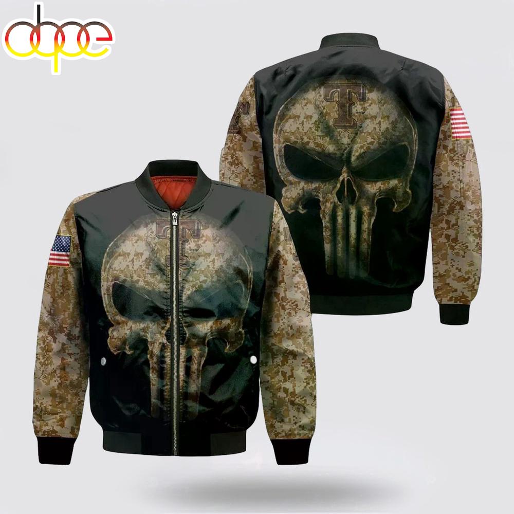 MLB Texas Rangers Camouflage Skull American Flag Bomber Jacket