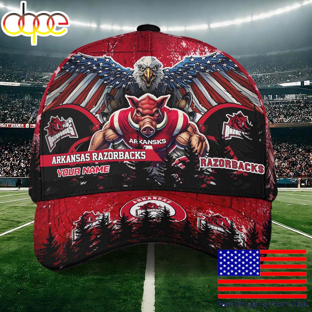 NCAA Arkansas Razorbacks Mascot Logo Custom Name Baseball Cap  For Fans