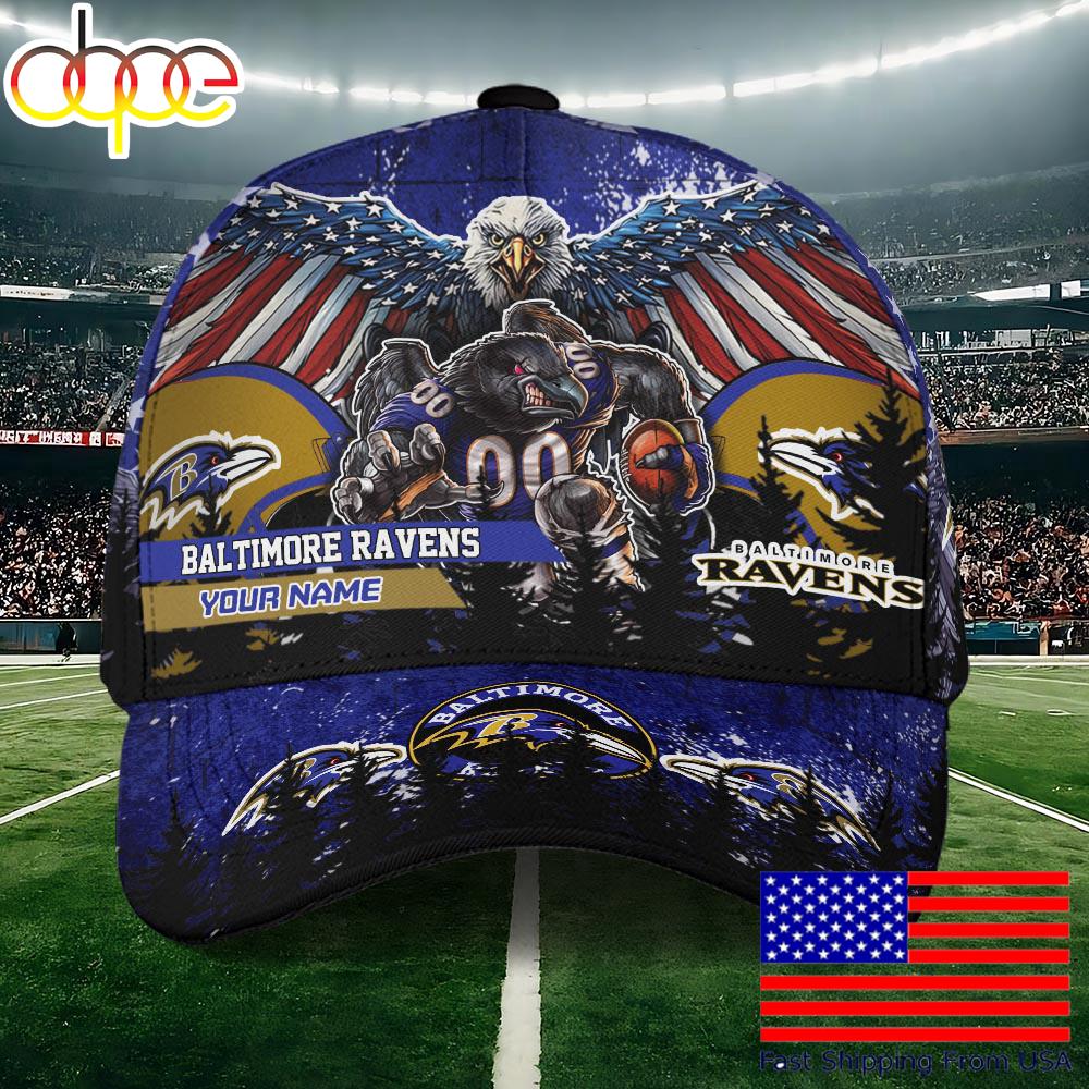 NFL Baltimore Ravens Mascot Logo Custom Name Baseball Cap  For Fans