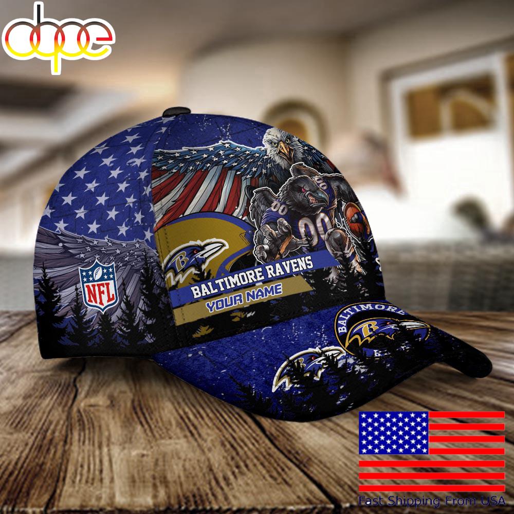 NFL Baltimore Ravens Mascot Logo Custom Name Baseball Cap  For Fans